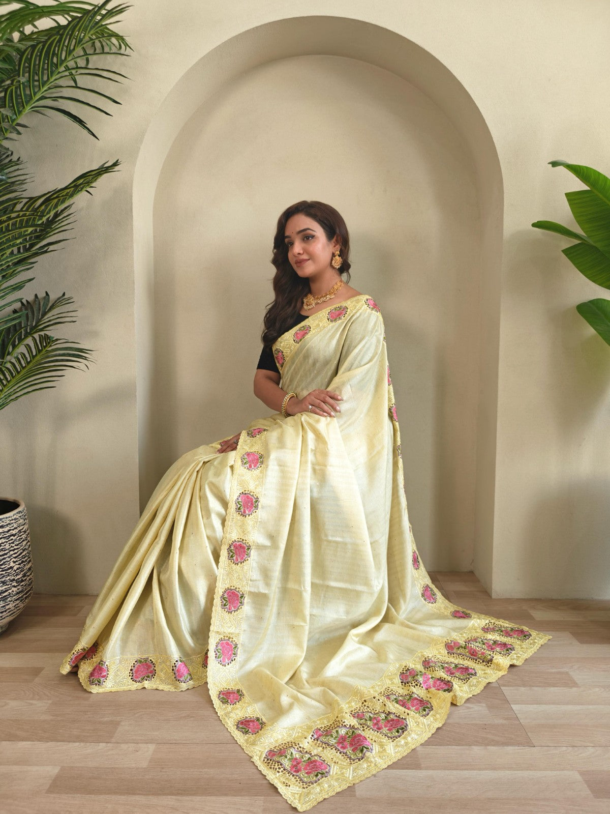 Soft tussar silk with Embroidered cutwork Designer saree blouse