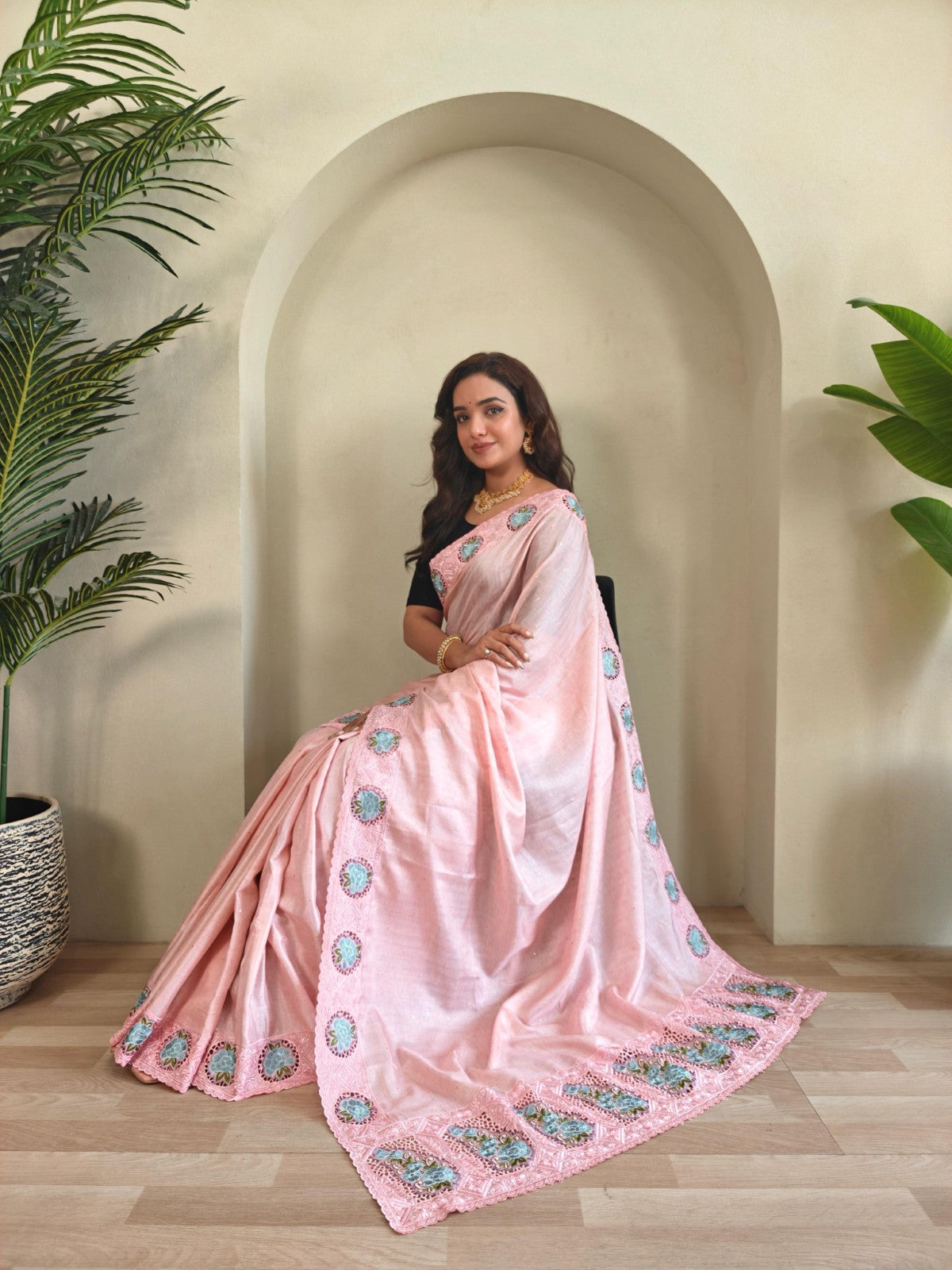 Soft tussar silk with Embroidered cutwork Designer saree blouse
