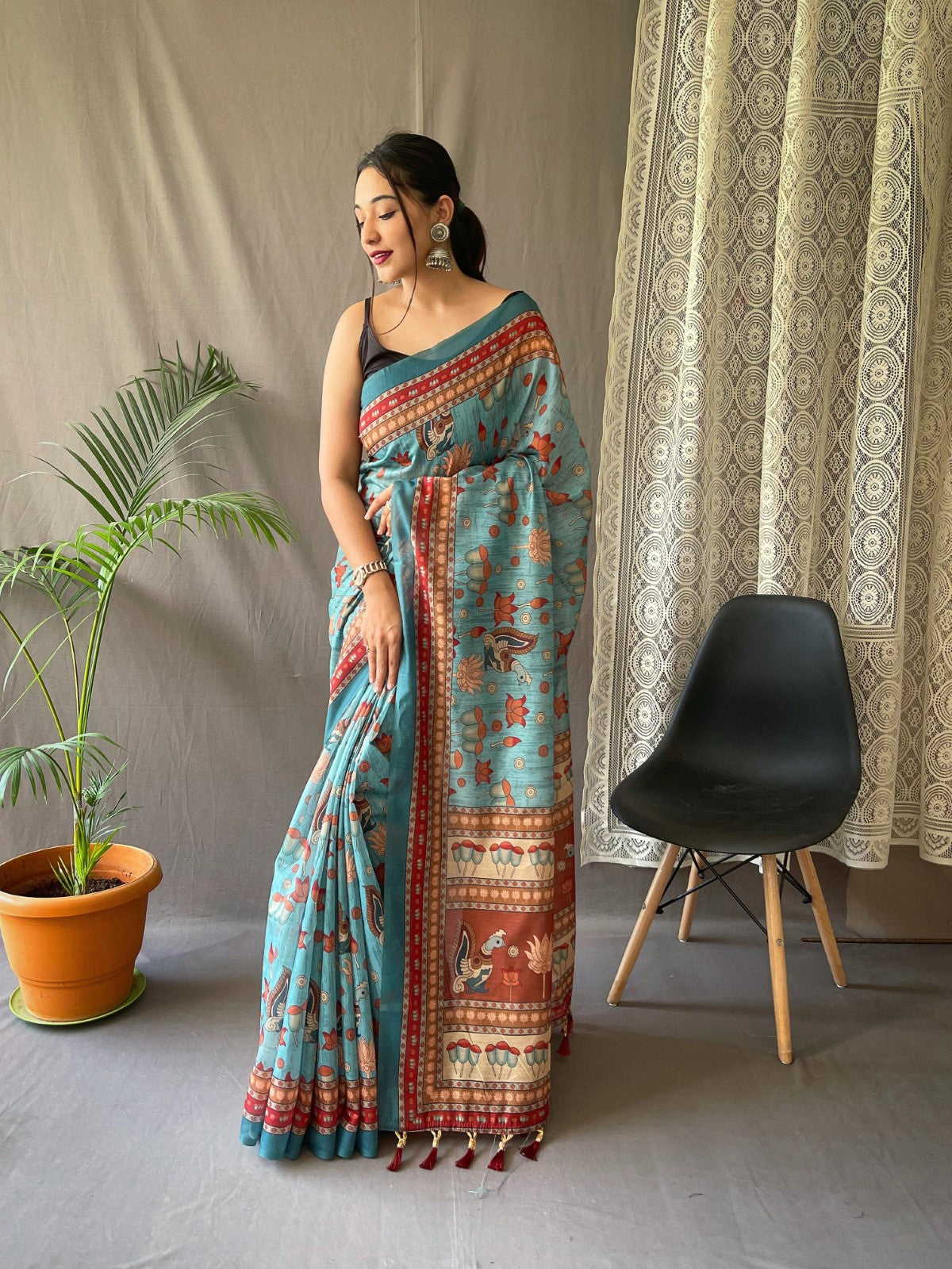 Pure malai cotton kalamkari Printed Tassels with Pallu Weaving saree