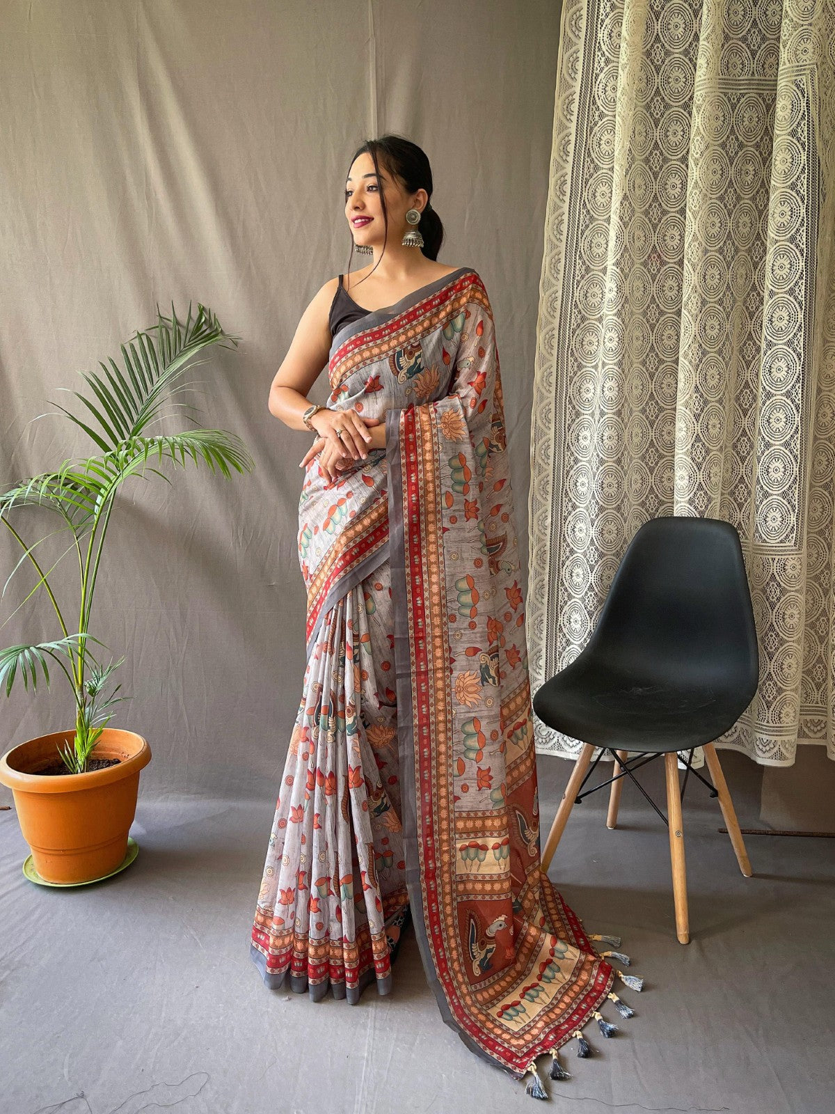 Pure malai cotton kalamkari Printed Tassels with Pallu Weaving saree