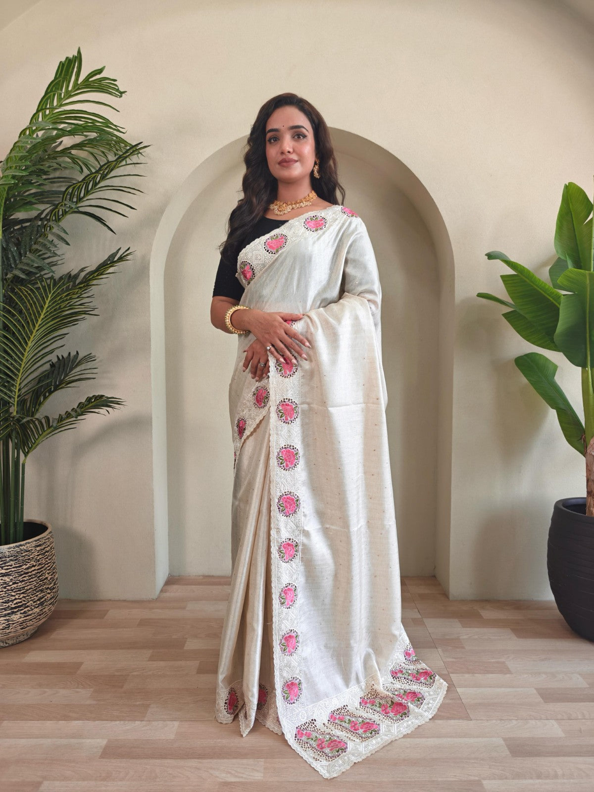 Soft tussar silk with Embroidered cutwork Designer saree blouse