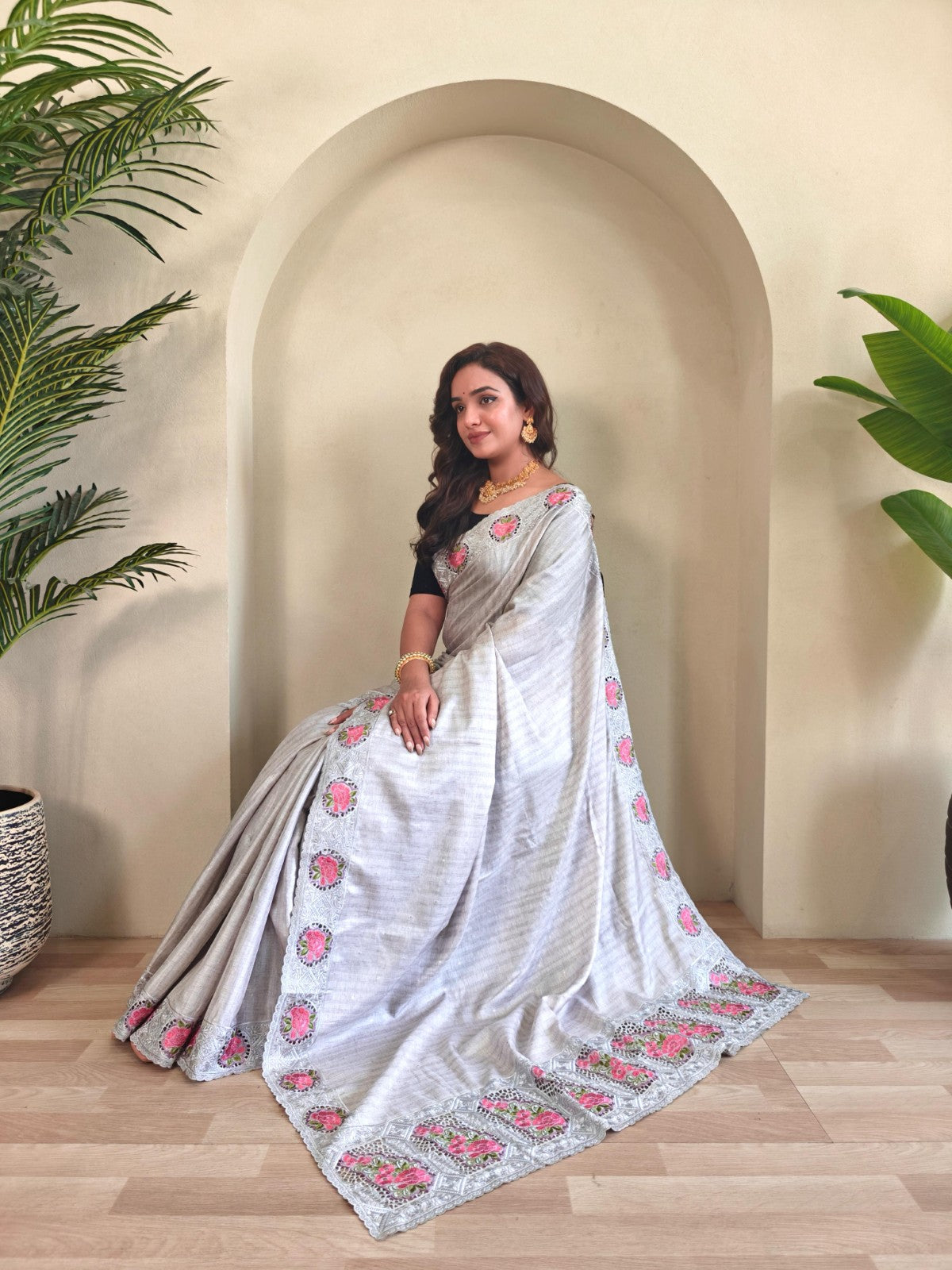 Soft tussar silk with Embroidered cutwork Designer saree blouse