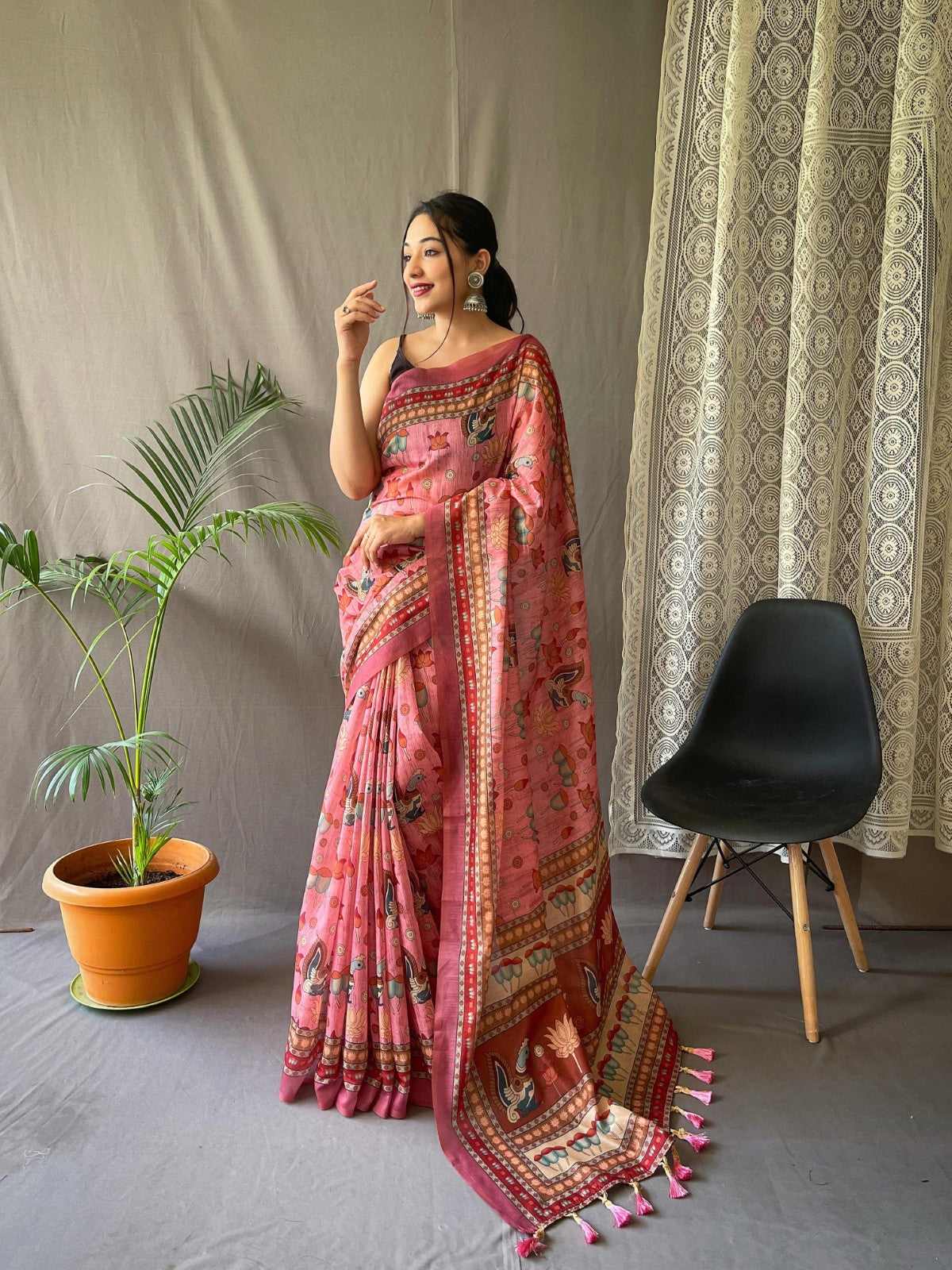 Pure malai cotton kalamkari Printed Tassels with Pallu Weaving saree