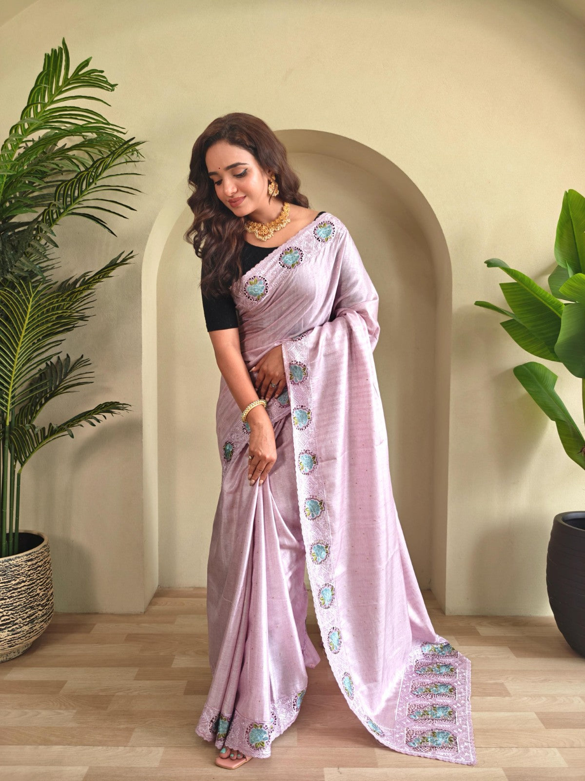 Soft tussar silk with Embroidered cutwork Designer saree blouse