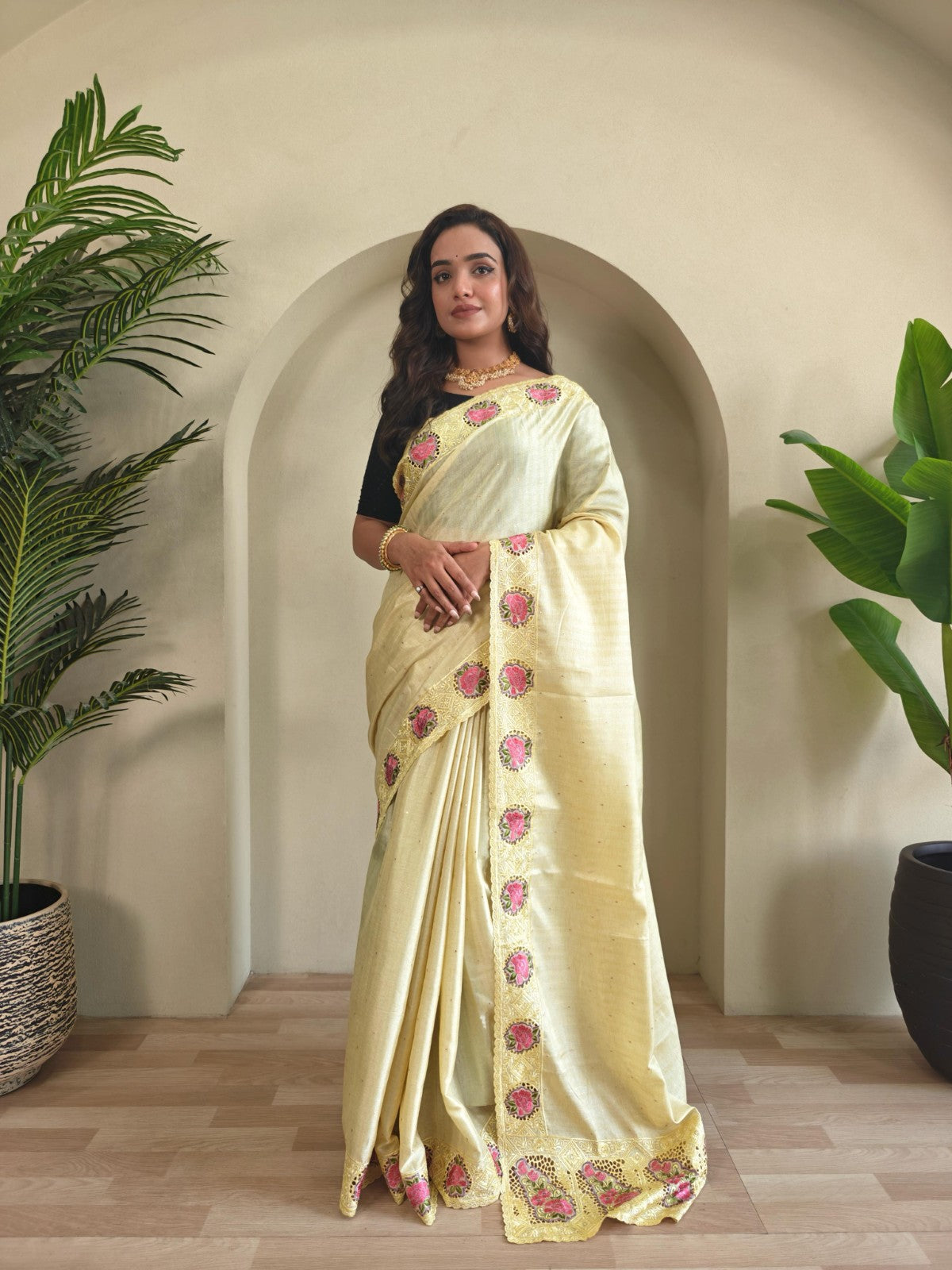 Soft tussar silk with Embroidered cutwork Designer saree blouse