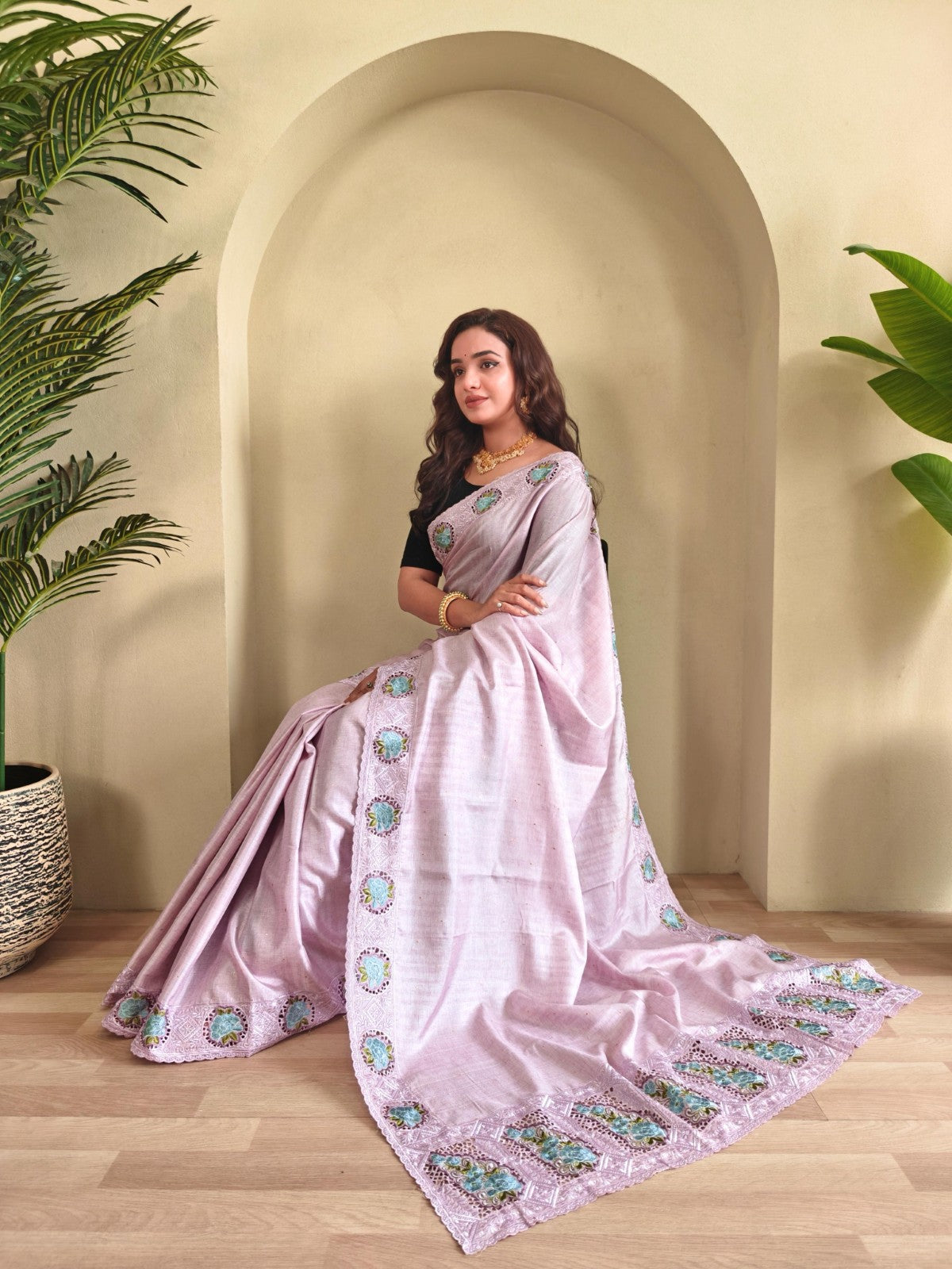 Soft tussar silk with Embroidered cutwork Designer saree blouse