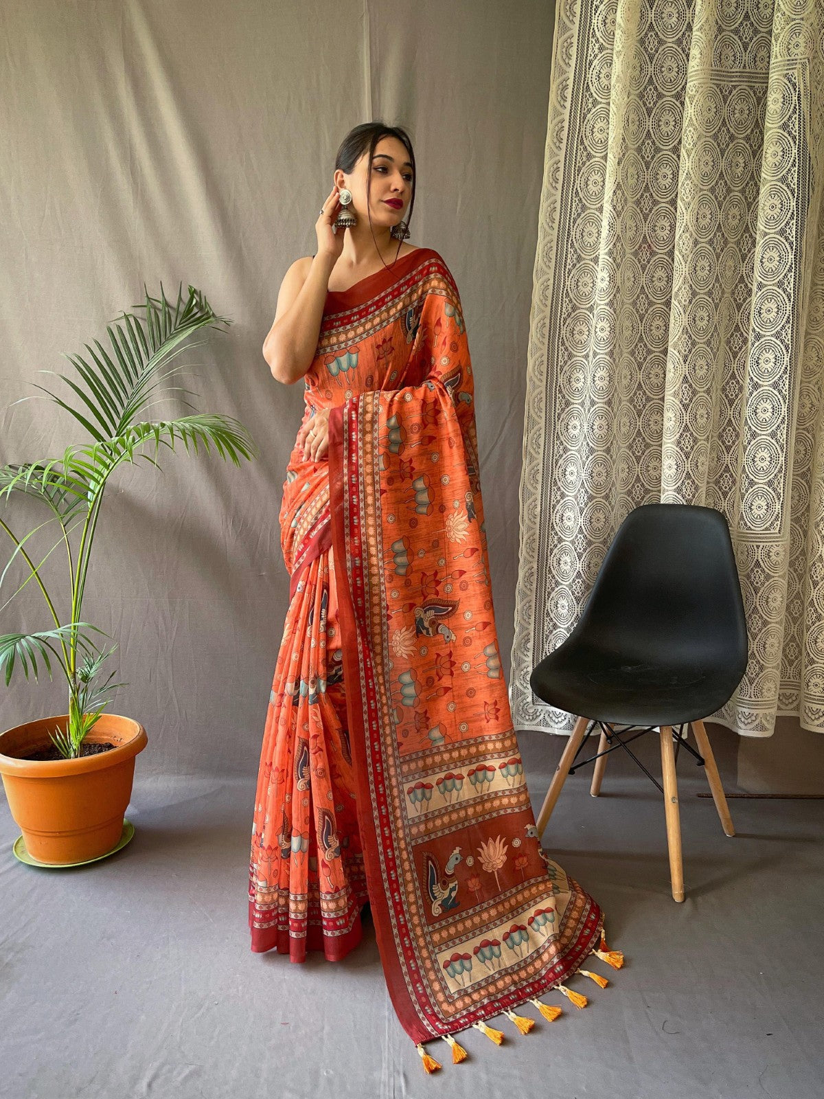 Pure malai cotton kalamkari Printed Tassels with Pallu Weaving saree