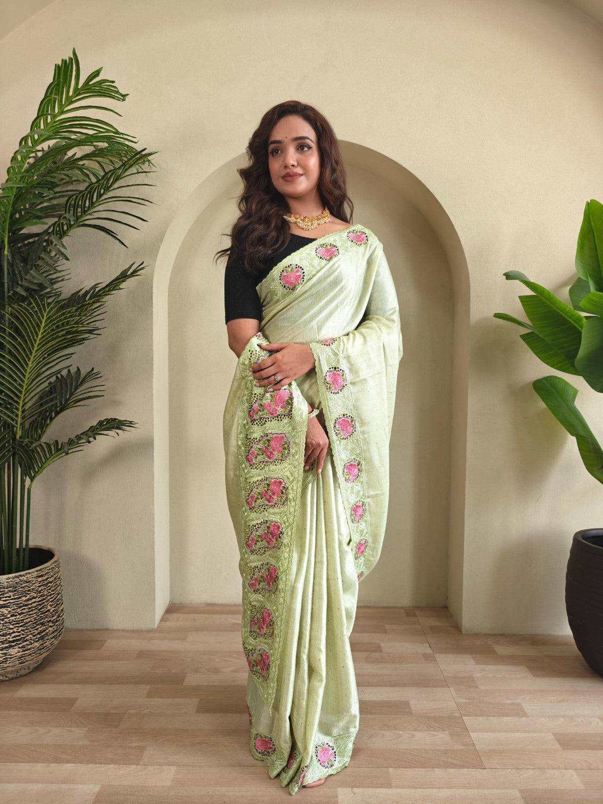 Soft tussar silk with Embroidered cutwork Designer saree blouse