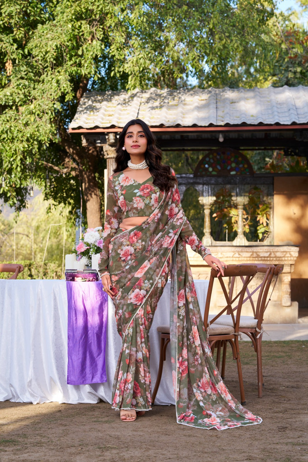 Weightless Marble Floral Print with Pearl lace border work saree