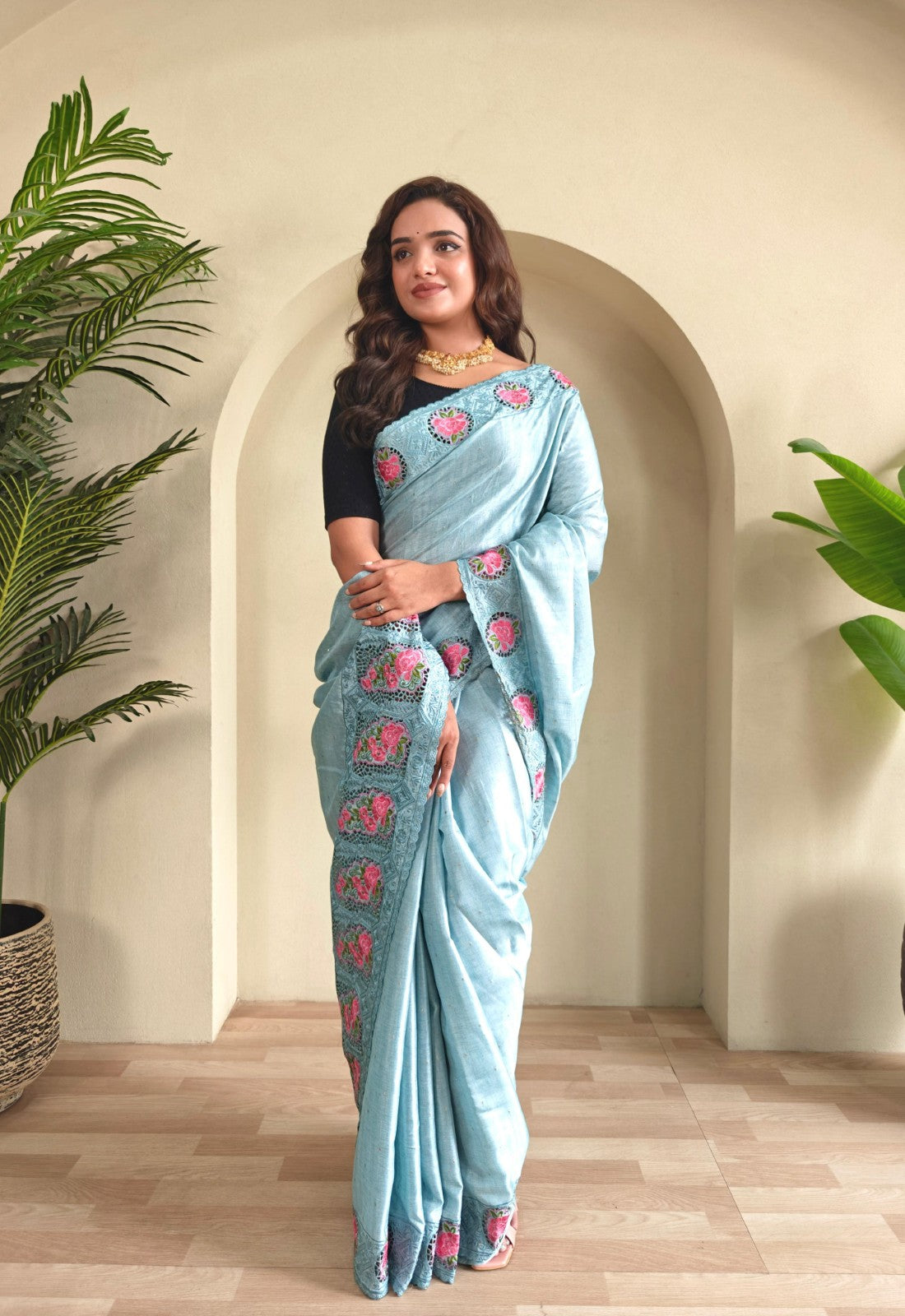 Soft tussar silk with Embroidered cutwork Designer saree blouse