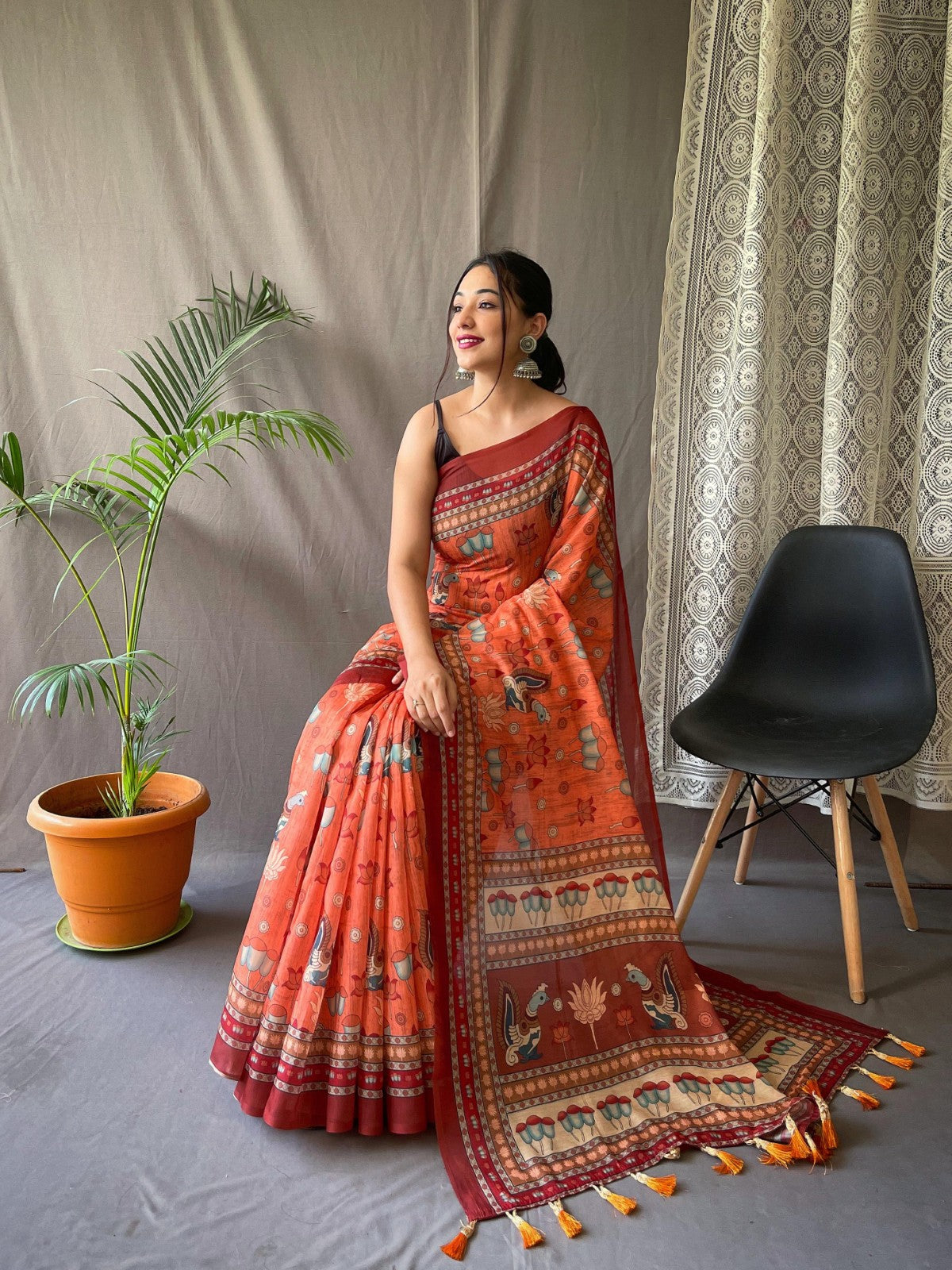 Pure malai cotton kalamkari Printed Tassels with Pallu Weaving saree