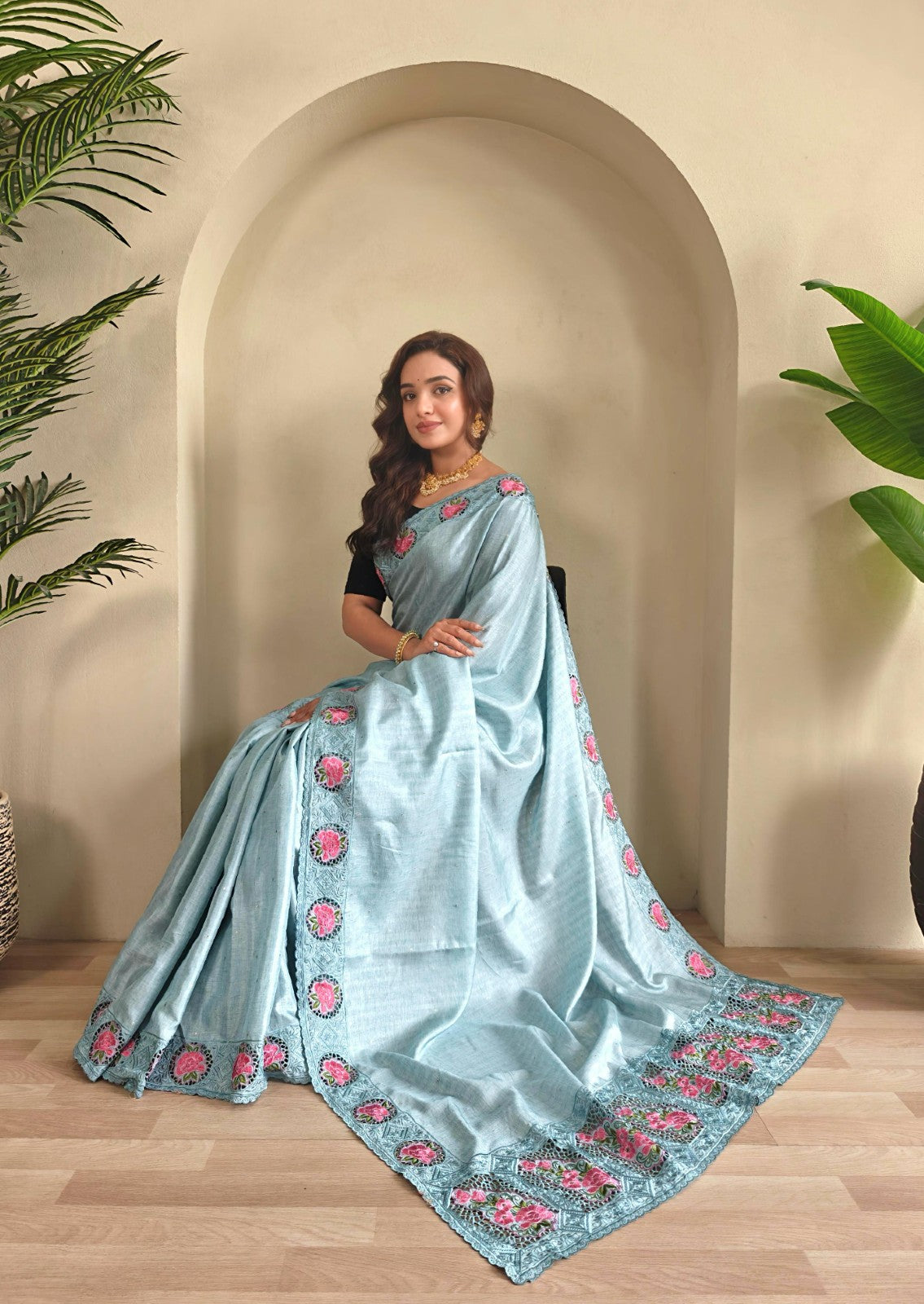 Soft tussar silk with Embroidered cutwork Designer saree blouse