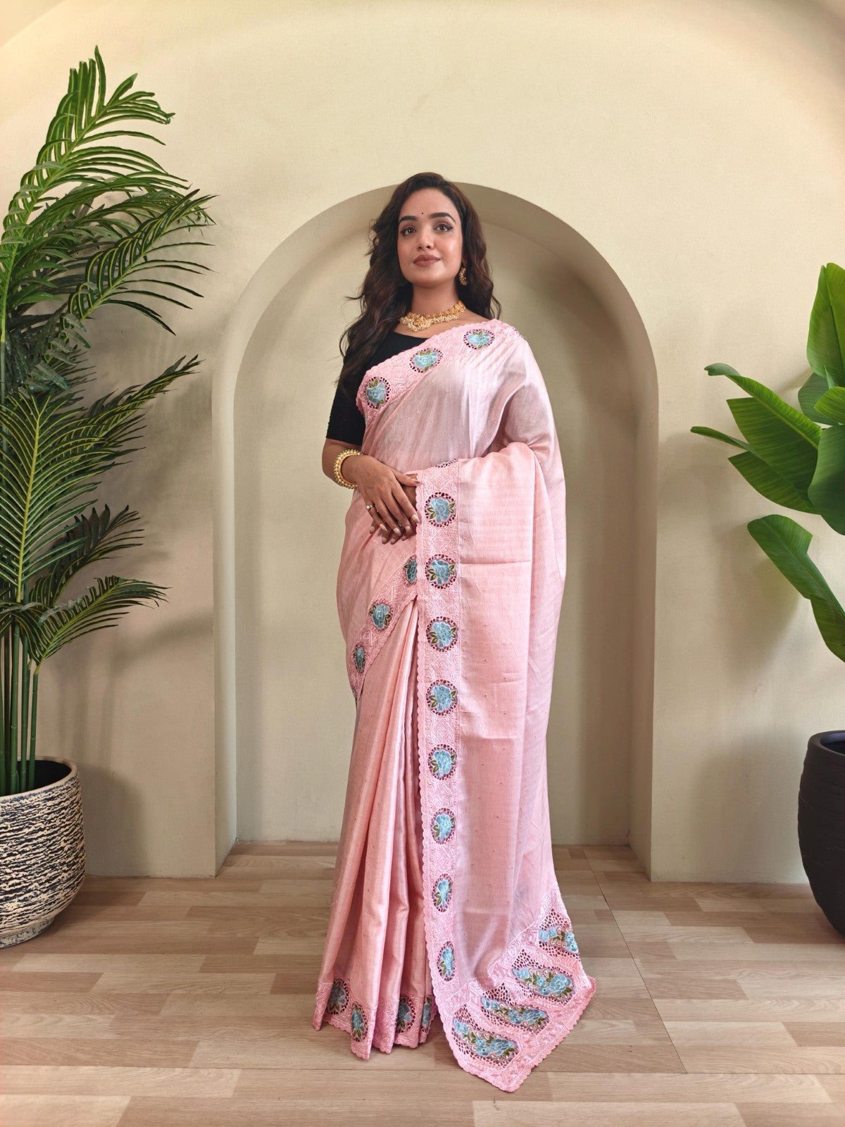 Soft tussar silk with Embroidered cutwork Designer saree blouse