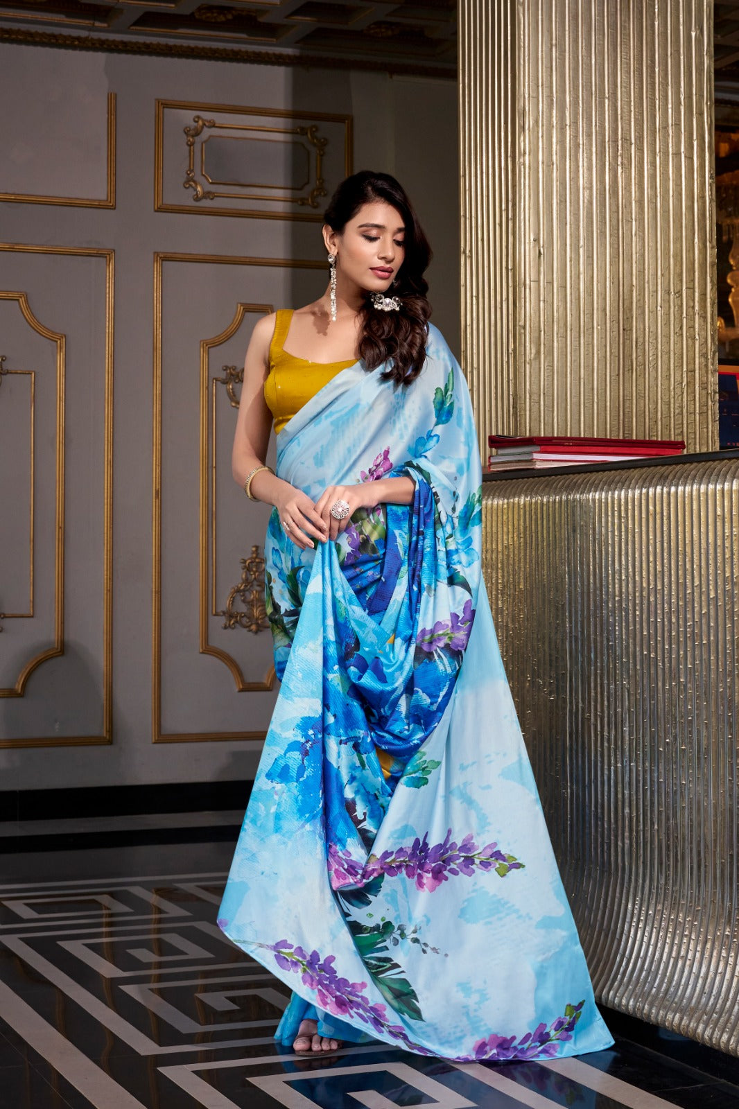 Designer Satin silk Digital print work Printed saree with Unstitched blouse