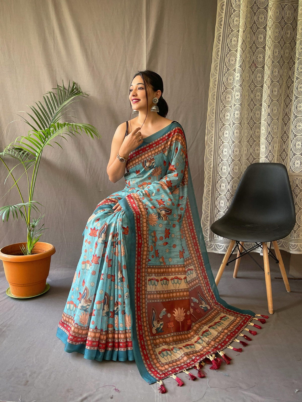 Pure malai cotton kalamkari Printed Tassels with Pallu Weaving saree