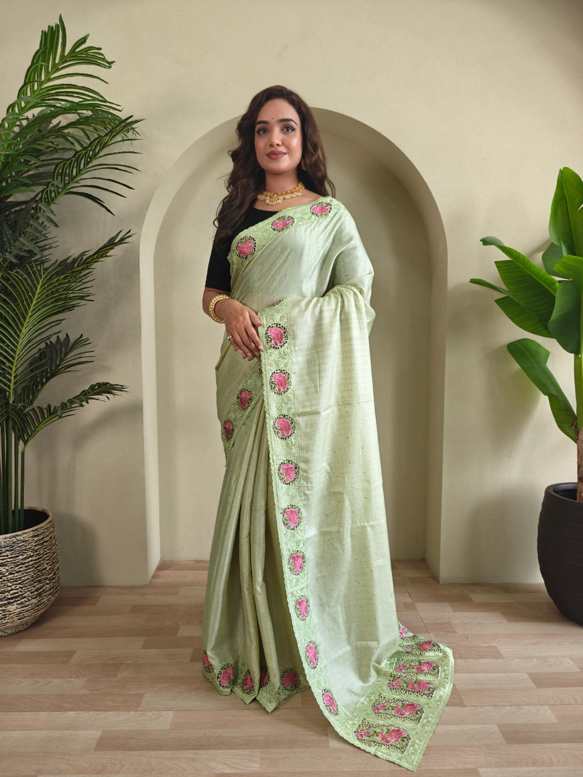 Soft tussar silk with Embroidered cutwork Designer saree blouse
