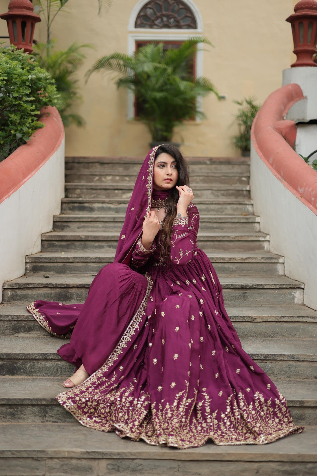 kurta set with Sharara Chinon with Sequins embroidered work Readymade kurta set