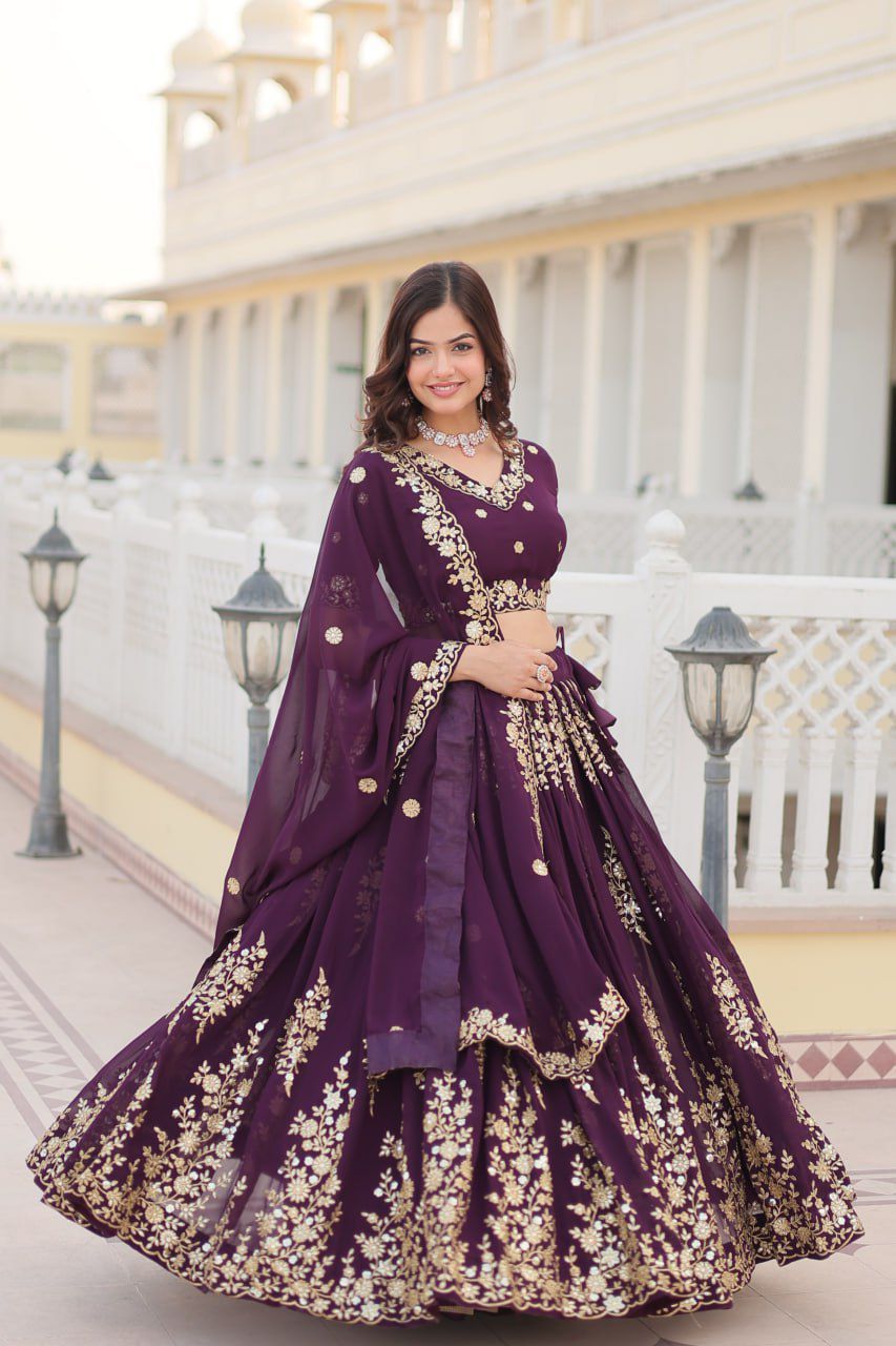 Wine lehenga choli Georgette with Sequins embroidery work Lehenga choli with Dupatta