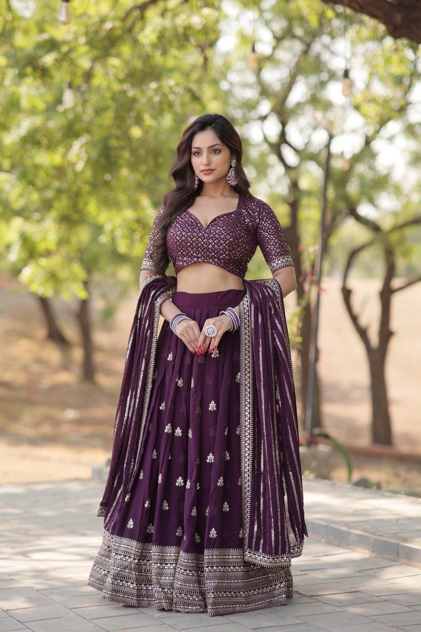Faux Blooming with Sequins thread work Wine embroidered Lehenga choli with Dupatta