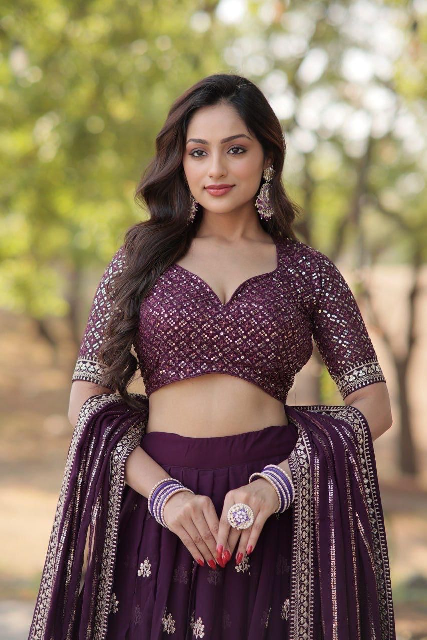 Faux Blooming with Sequins thread work Wine embroidered Lehenga choli with Dupatta