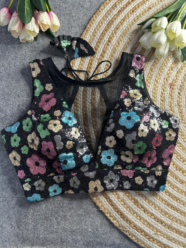 Sleeveless Blouse with Sequence work Western Deep Neck Design