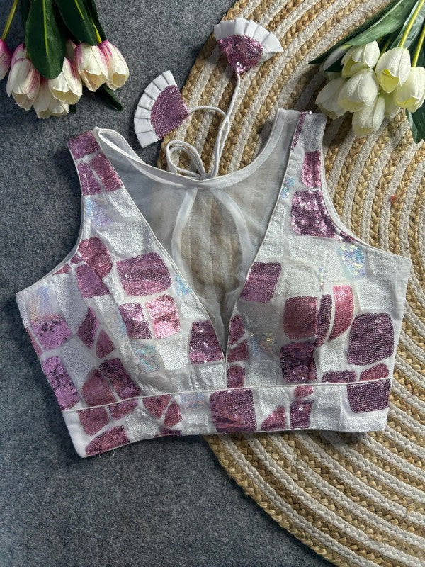 Sleeveless Blouse with Sequence work Western Deep Neck Design