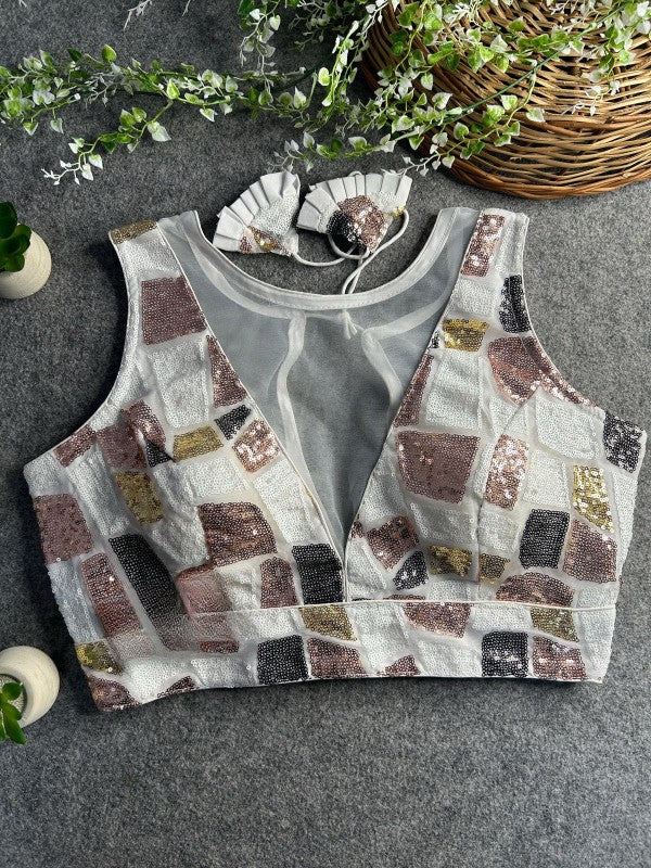 Sleeveless Blouse with Sequence work Western Deep Neck Design