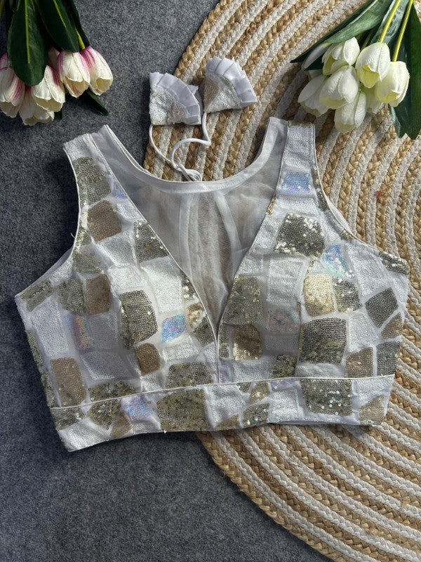 Sleeveless Blouse with Sequence work Western Deep Neck Design