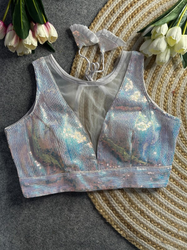 Sleeveless Blouse with Sequence work Western Deep Neck Design