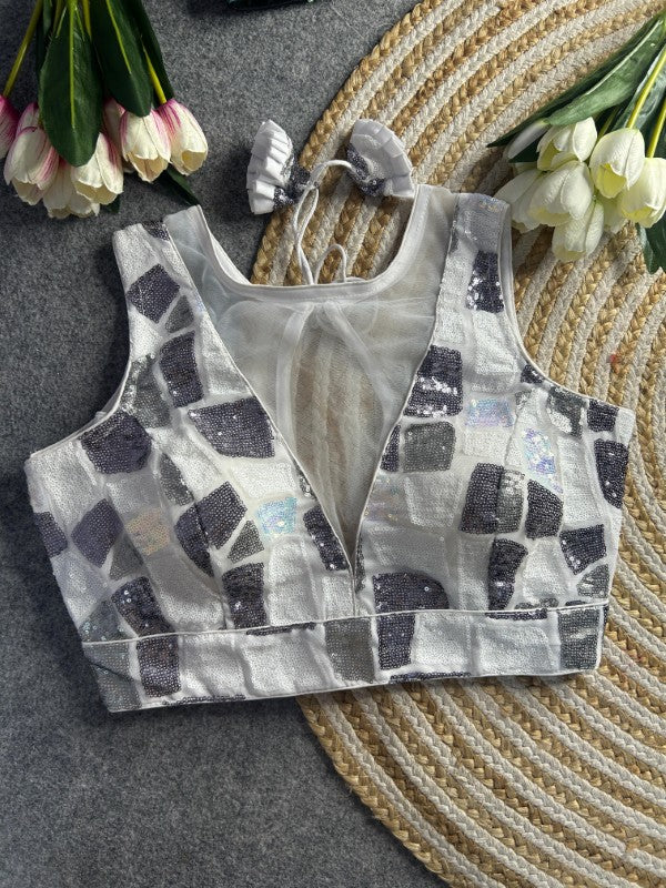 Sleeveless Blouse with Sequence work Western Deep Neck Design