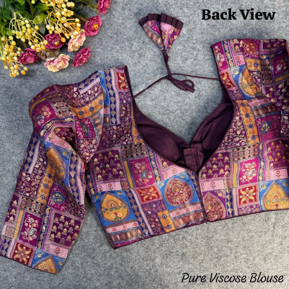 Long sleeves Position Print work Pure Viscose Jacquard blouse V neck women's wear blouse