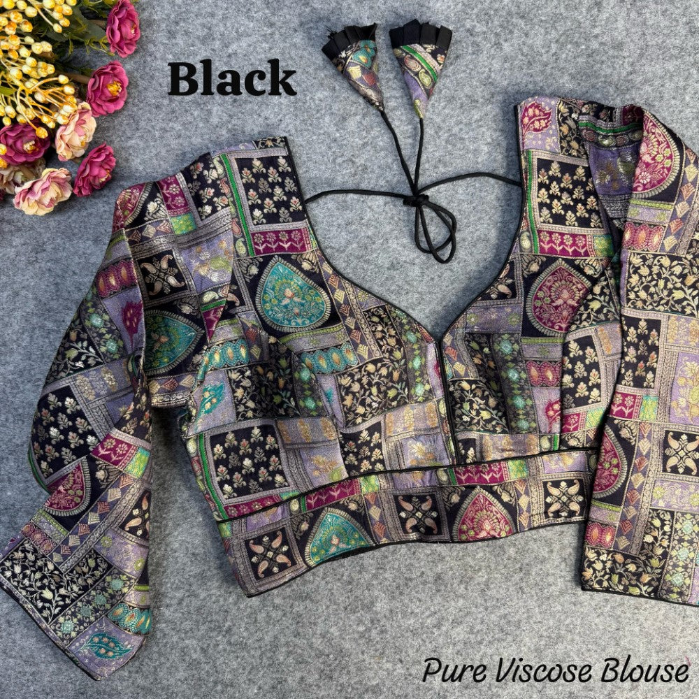 Long sleeves Position Print work Pure Viscose Jacquard blouse V neck women's wear blouse