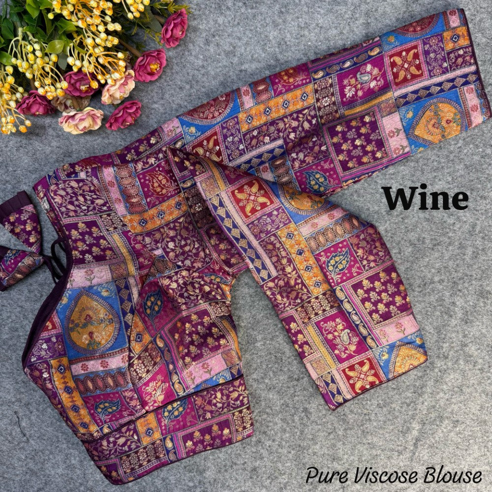 Long sleeves Position Print work Pure Viscose Jacquard blouse V neck women's wear blouse