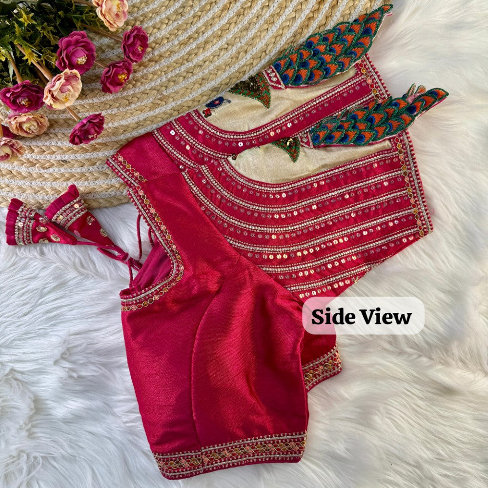 Embroidery work with peacock sleeve blouse Italian silk fabric Women's wear padded blouse