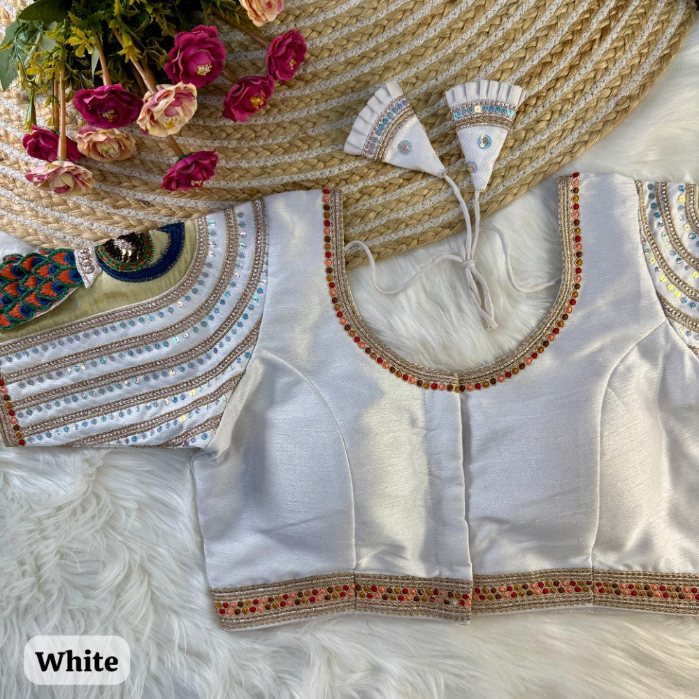 Embroidery work with peacock sleeve blouse Italian silk fabric Women's wear padded blouse