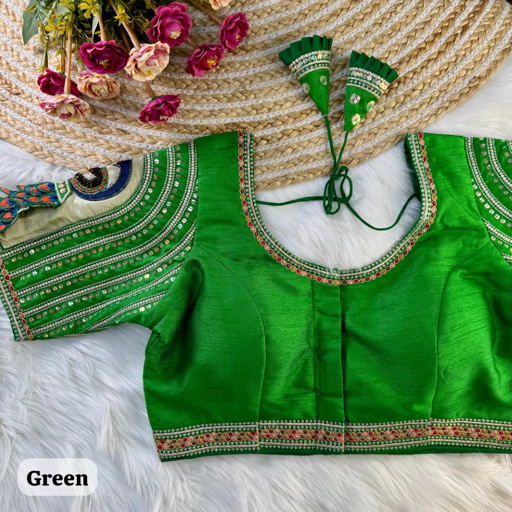 Embroidery work with peacock sleeve blouse Italian silk fabric Women's wear padded blouse