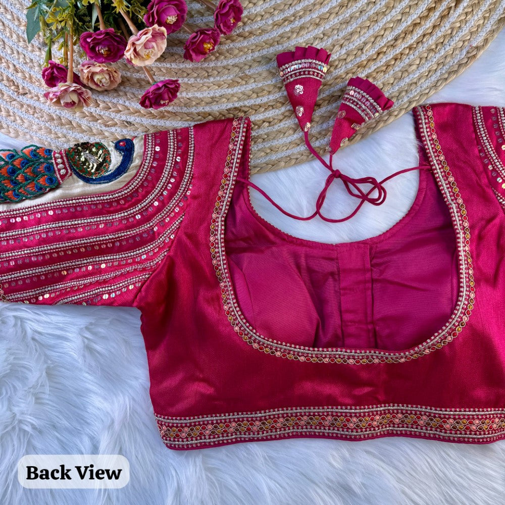 Embroidery work with peacock sleeve blouse Italian silk fabric Women's wear padded blouse