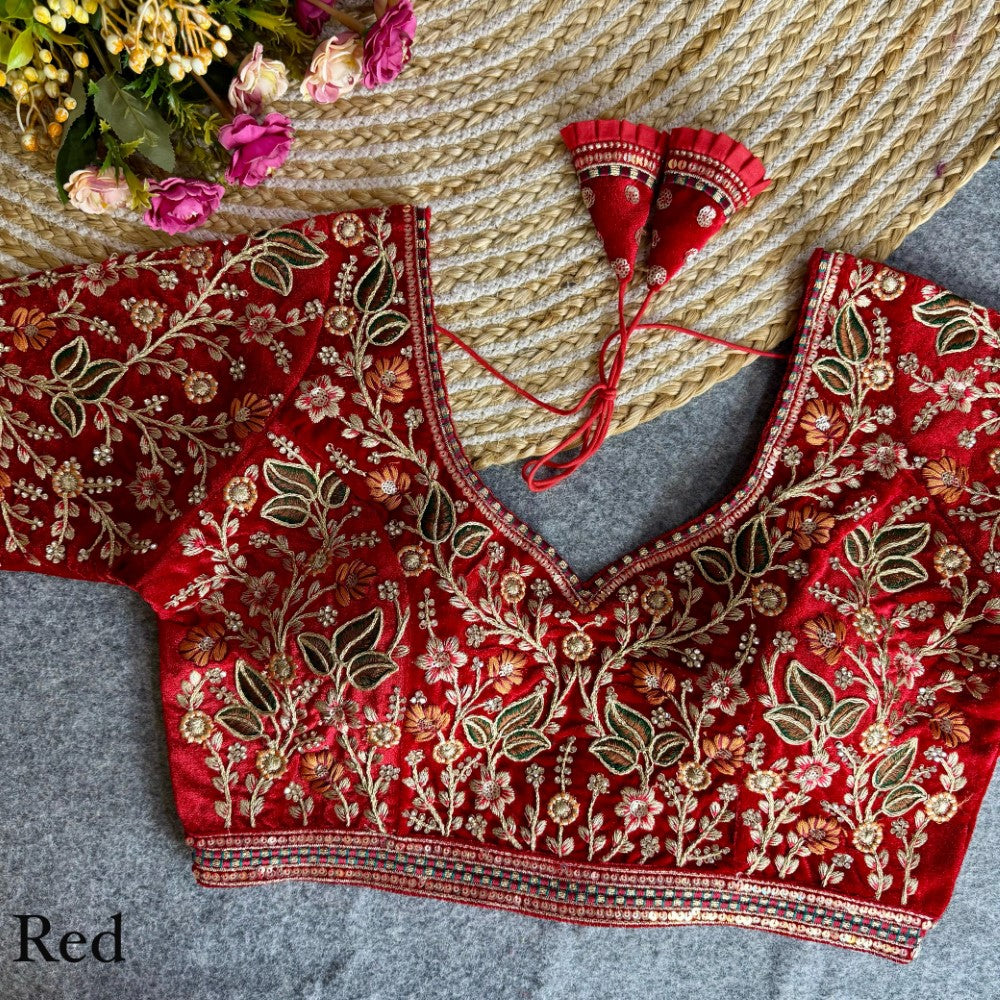 Heavy embroidered handwork Soft velvet fabric blouse Bridal style padded lehenga blouse