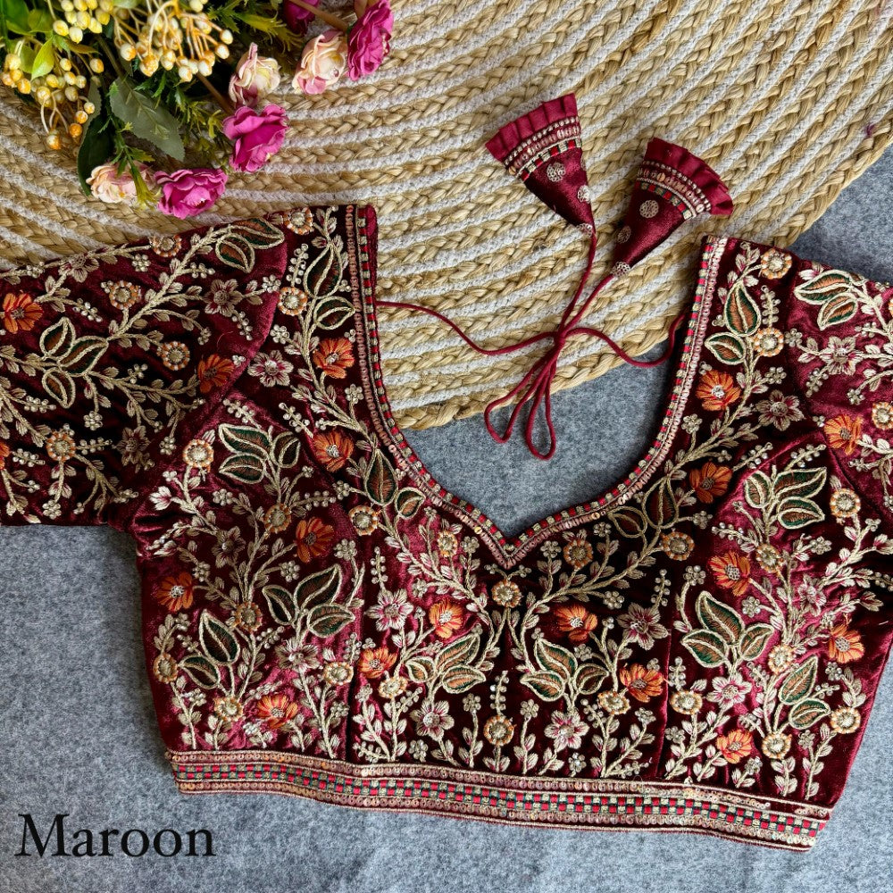 Heavy embroidered handwork Soft velvet fabric blouse Bridal style padded lehenga blouse