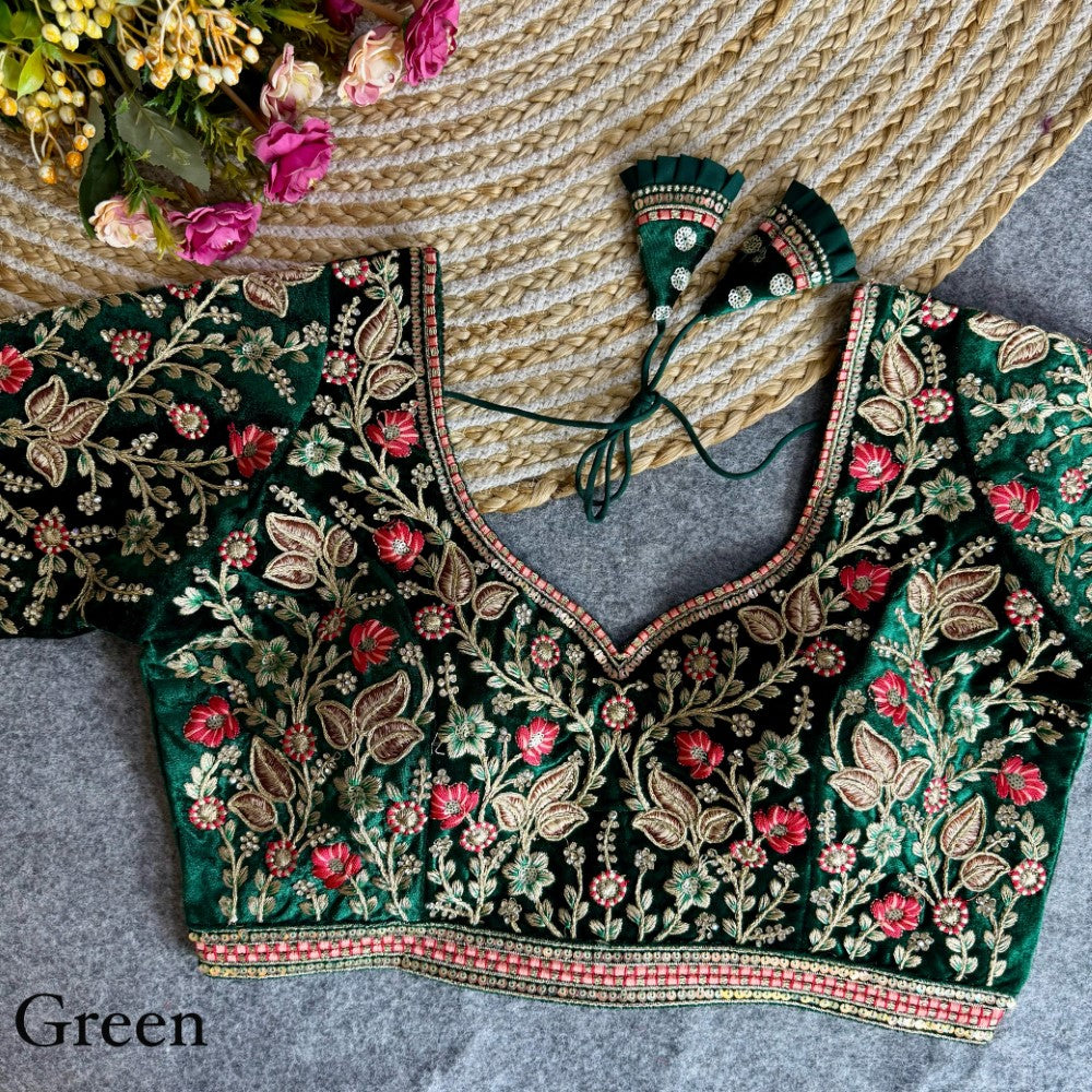 Heavy embroidered handwork Soft velvet fabric blouse Bridal style padded lehenga blouse