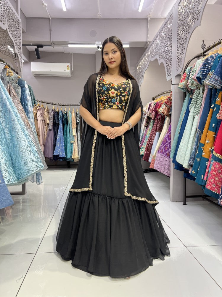 Readymade lehenga choli with Shrug Black color Georgette fabric Stitched Blouse Choli