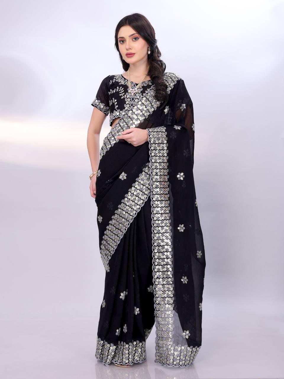 Tussar silk fabric with sequence cut work saree Women's wear Embroidered saree