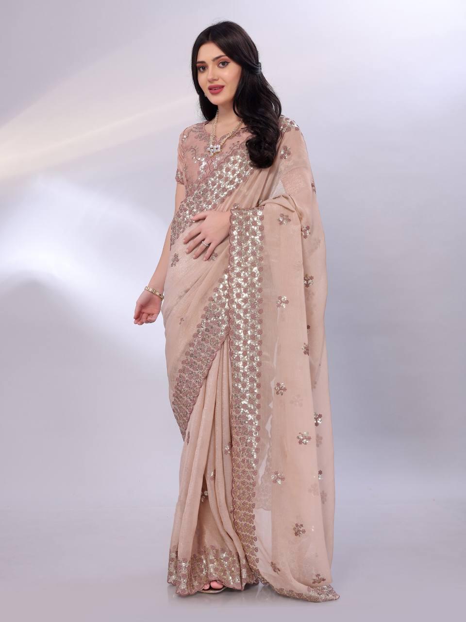 Tussar silk fabric with sequence cut work saree Women's wear Embroidered saree