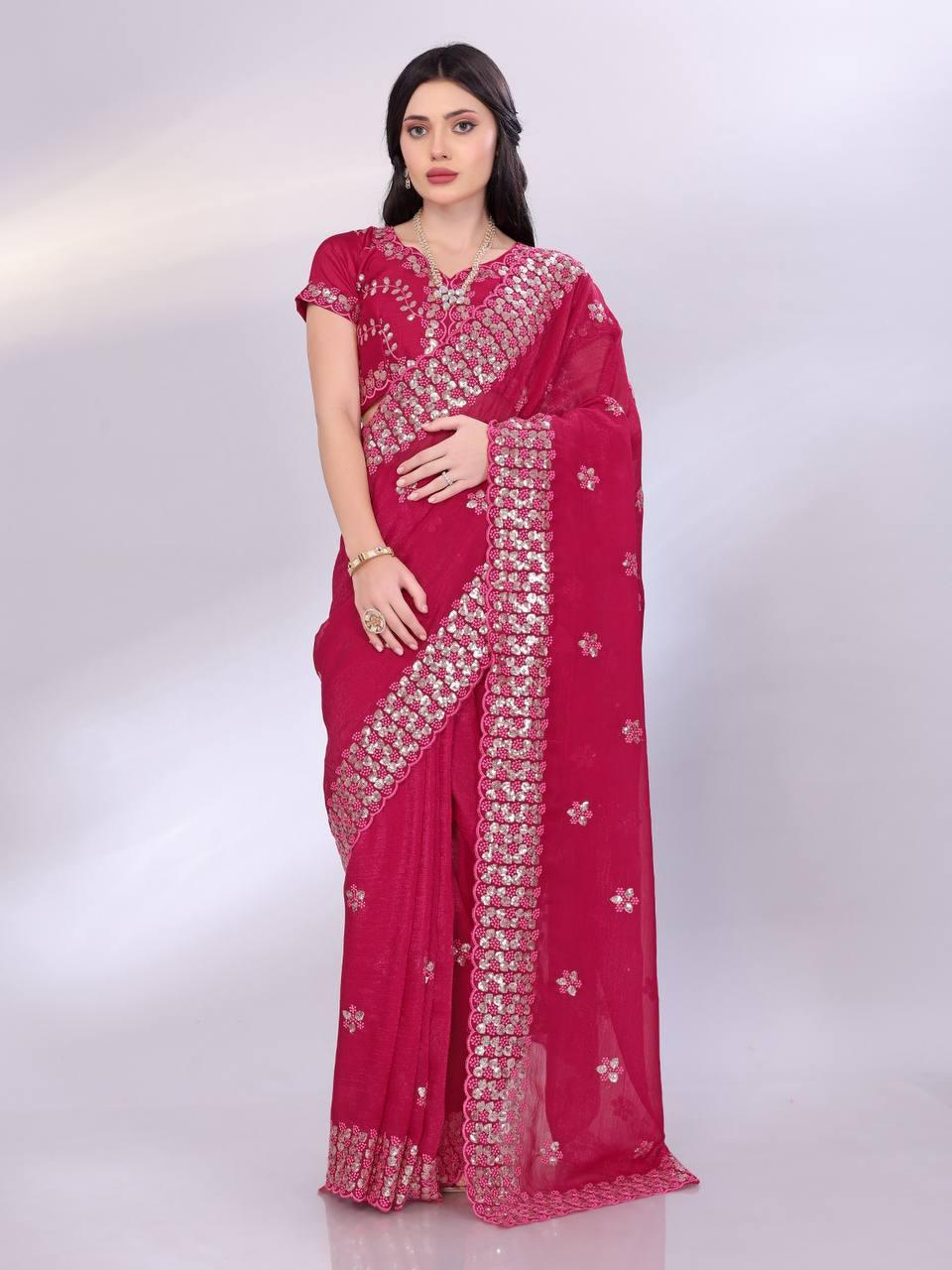 Tussar silk fabric with sequence cut work saree Women's wear Embroidered saree