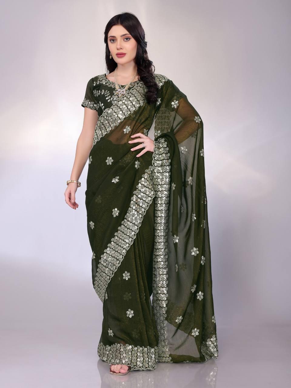 Tussar silk fabric with sequence cut work saree Women's wear Embroidered saree