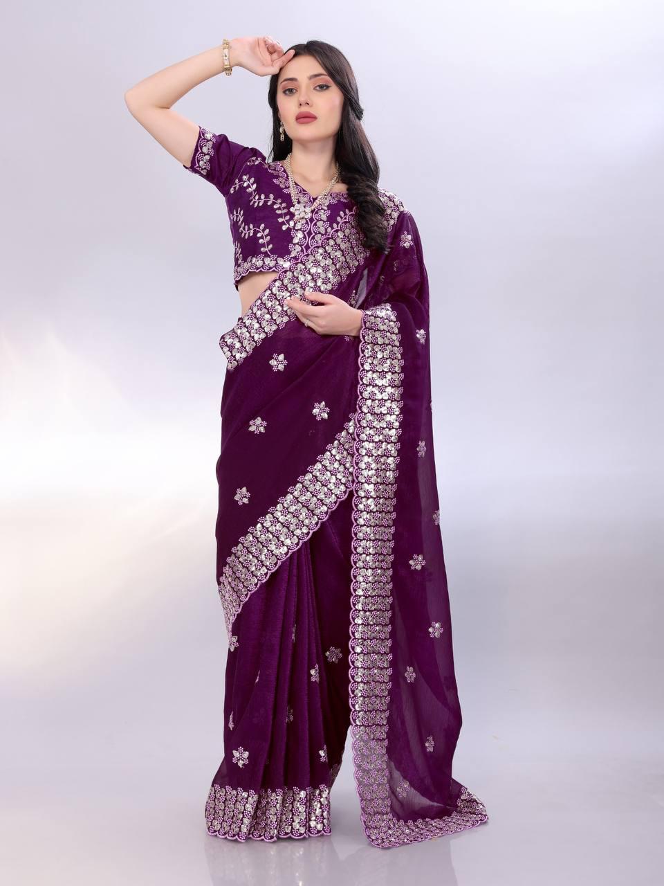 Tussar silk fabric with sequence cut work saree Women's wear Embroidered saree
