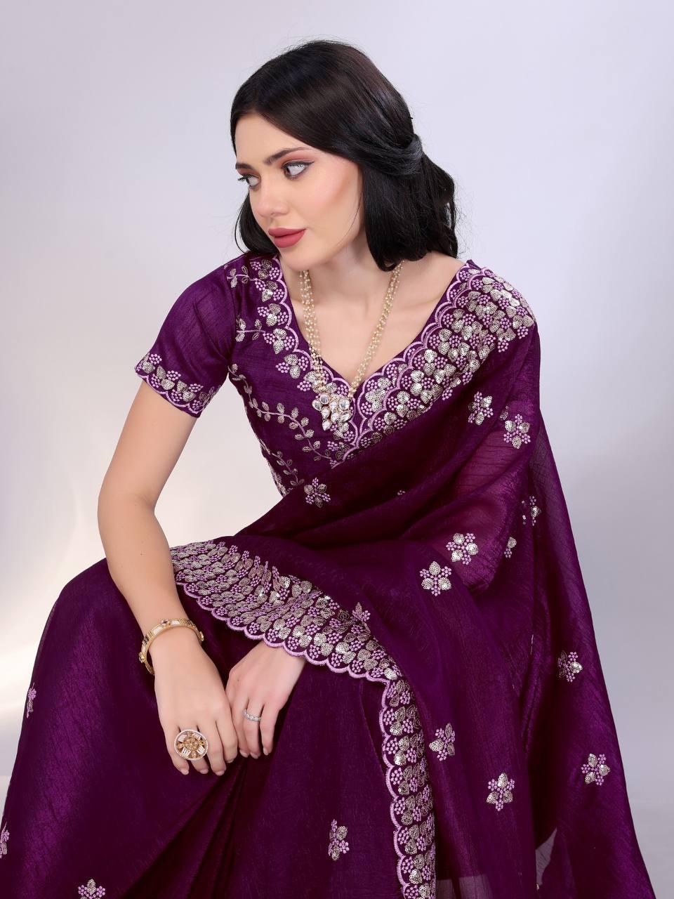 Tussar silk fabric with sequence cut work saree Women's wear Embroidered saree