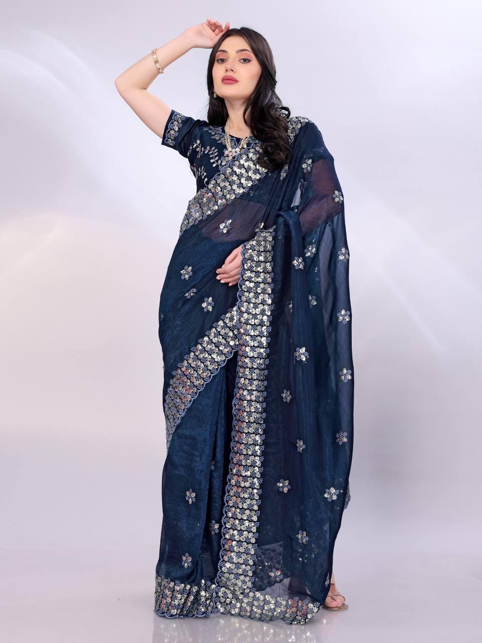 Tussar silk fabric with sequence cut work saree Women's wear Embroidered saree
