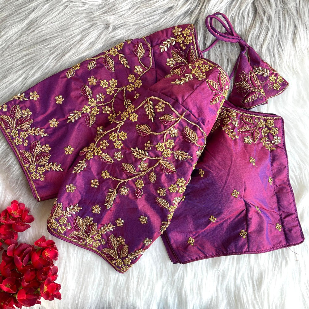 Readymade blouse Banarasi silk fabric Thread ton to ton beads and khatli with handwork work
