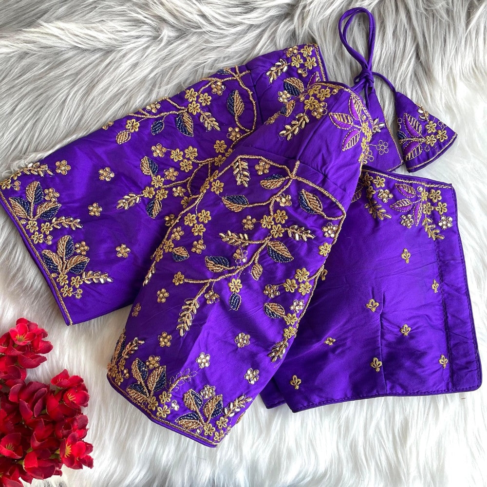 Readymade blouse Banarasi silk fabric Thread ton to ton beads and khatli with handwork work